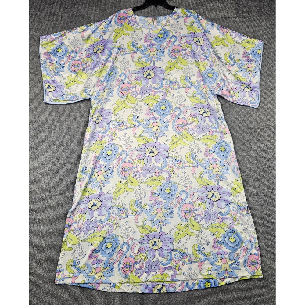Natori Cruz Caftan Nightgown XL Purple Blue Floral Paisley Loungewear Pockets
